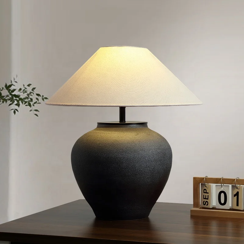 H3eb7632f5ab24cd99ed08ba7d225c183P.webp Wabi Sabi Vintage Handmade Ceramic Table Lamp Hotel Bedroom Bedside Retro Reading Desk Lamp - Image 1