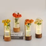 Modern Luxury Rechargeable Wireless Wood Table Lamp Touch Control Led Night Light Glass Vase Cordless Table Lamp